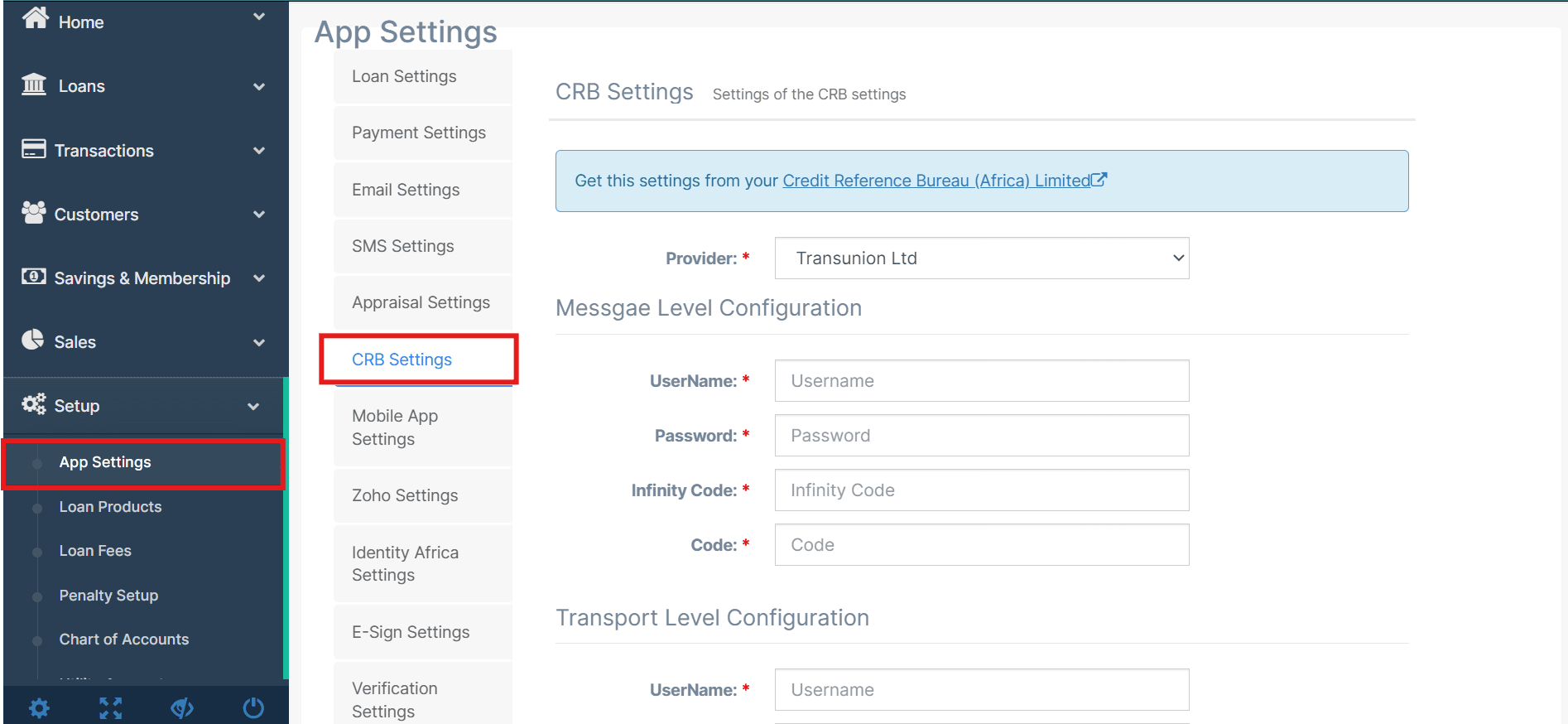 Figure 10.1a The App Settings menu, where third-party integrations for accounting, credit bureaus, and identity verification are managed.